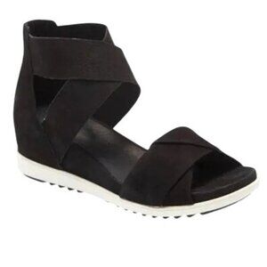 Eileen Fisher Black & White Viv Tumbled Nubuck Wedge Sandals Zipper Size 9